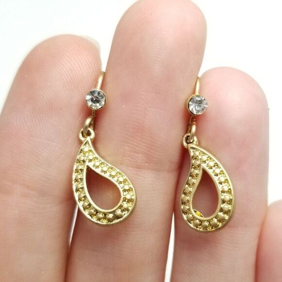 Vintage Little Gold Tone Drop Shape Dangle Earrings, Little Rhinestone Accent - Picture 1 of 6